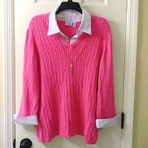 Kim Rogers Pullover Cotton Sweater  XL Pink/White Collar and Cuffs Necklace